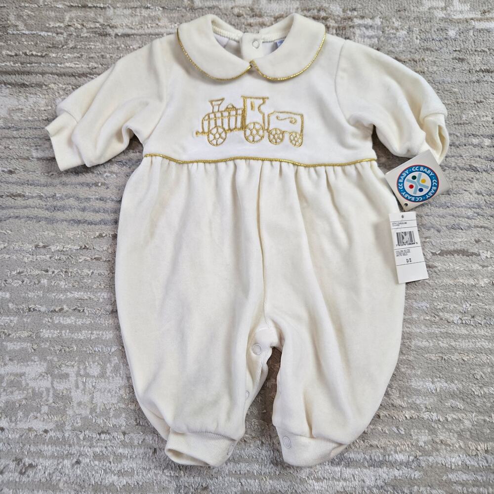 NWT‎ CC Baby Vintage Velour Outfit Ivory Gold Train Embroidered Deadstock 0-3 Mo